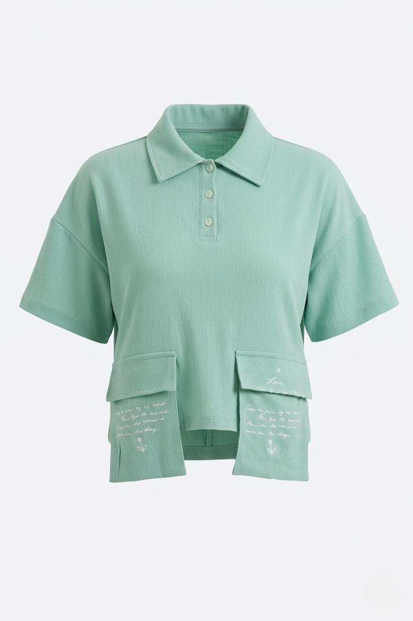 Yeşil Gündelik Crop Bluz Polo Yakalı