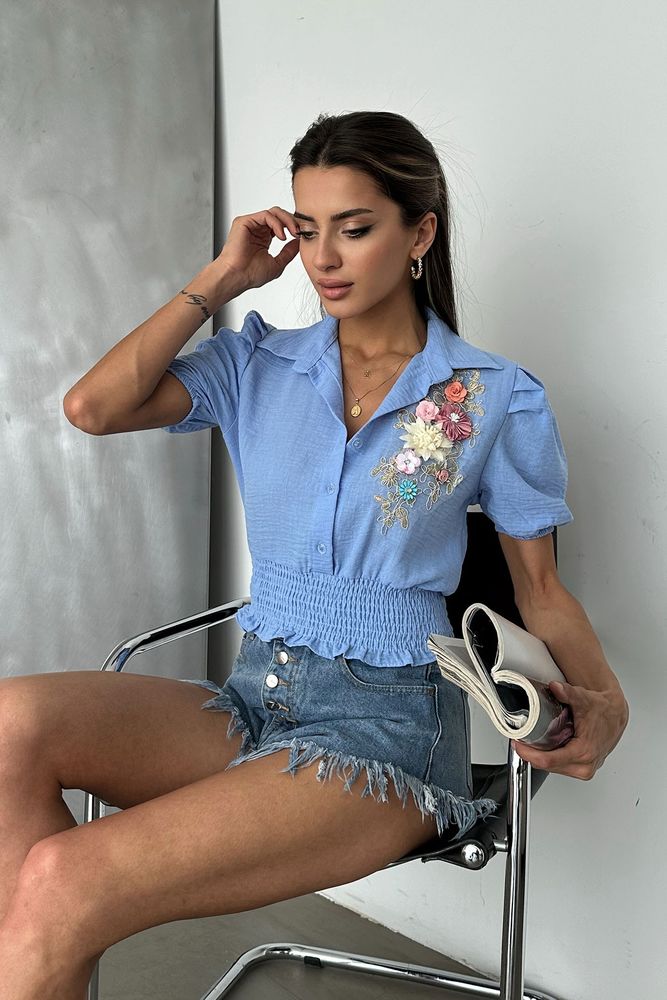 Mavi D 2651 Göğsü Çiçekli Keten Gömlek