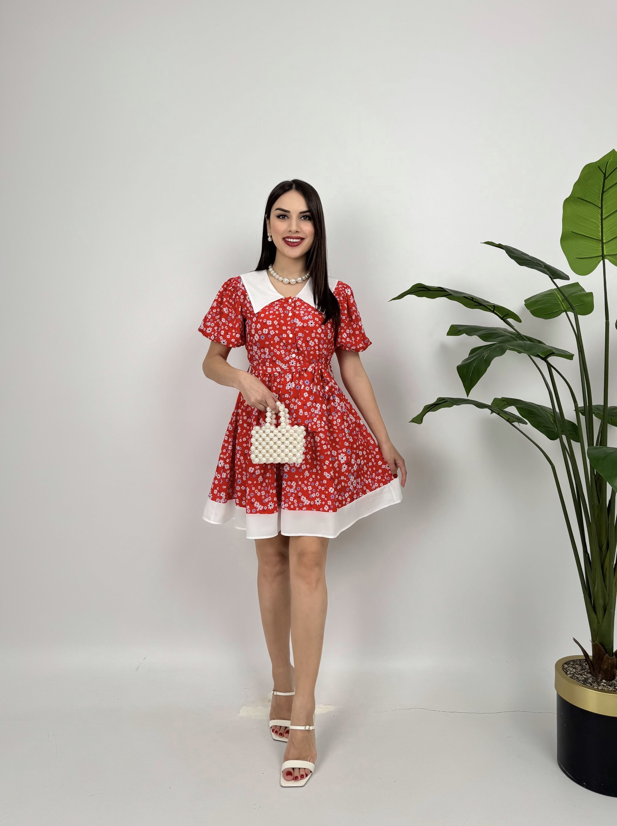 Kırmızı Çiçekli Sevimli Vintage Mini Fit & Flare Elbise