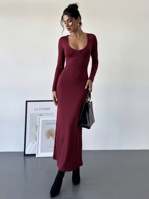 Bordo Zarif Maxi Bodycon Elbise