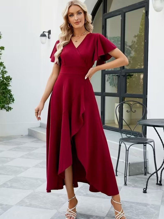 Bordo Zarif Wrap Elbise V Yaka İle