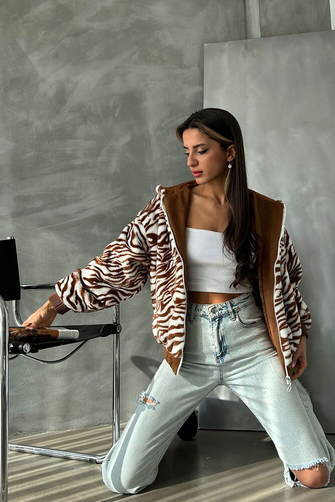 Zebra Bakılı Pelüş Mont - Taba