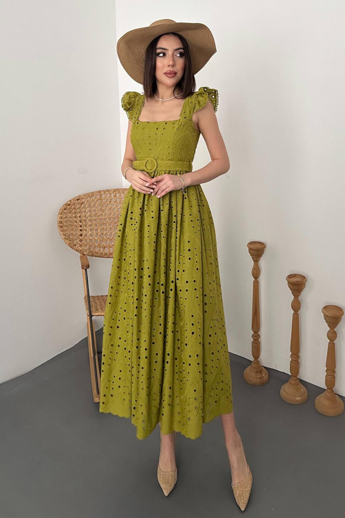 Yeşil Fit & Flare Elbise Fırfırlı Japone Kollu