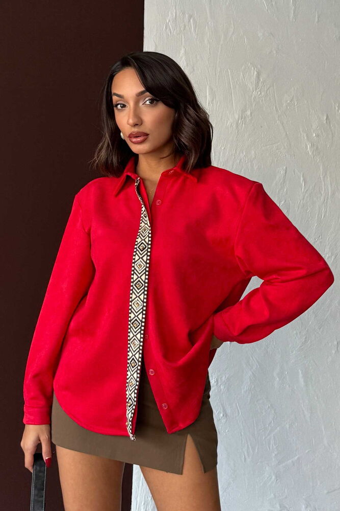 Kırmızı Gündelik Oversized Kesim Ve Polo Yakalı Gömlek