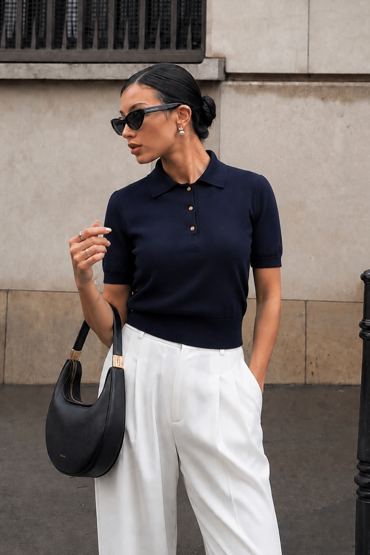 Lacivert Fitilli Polo Yaka Bluz