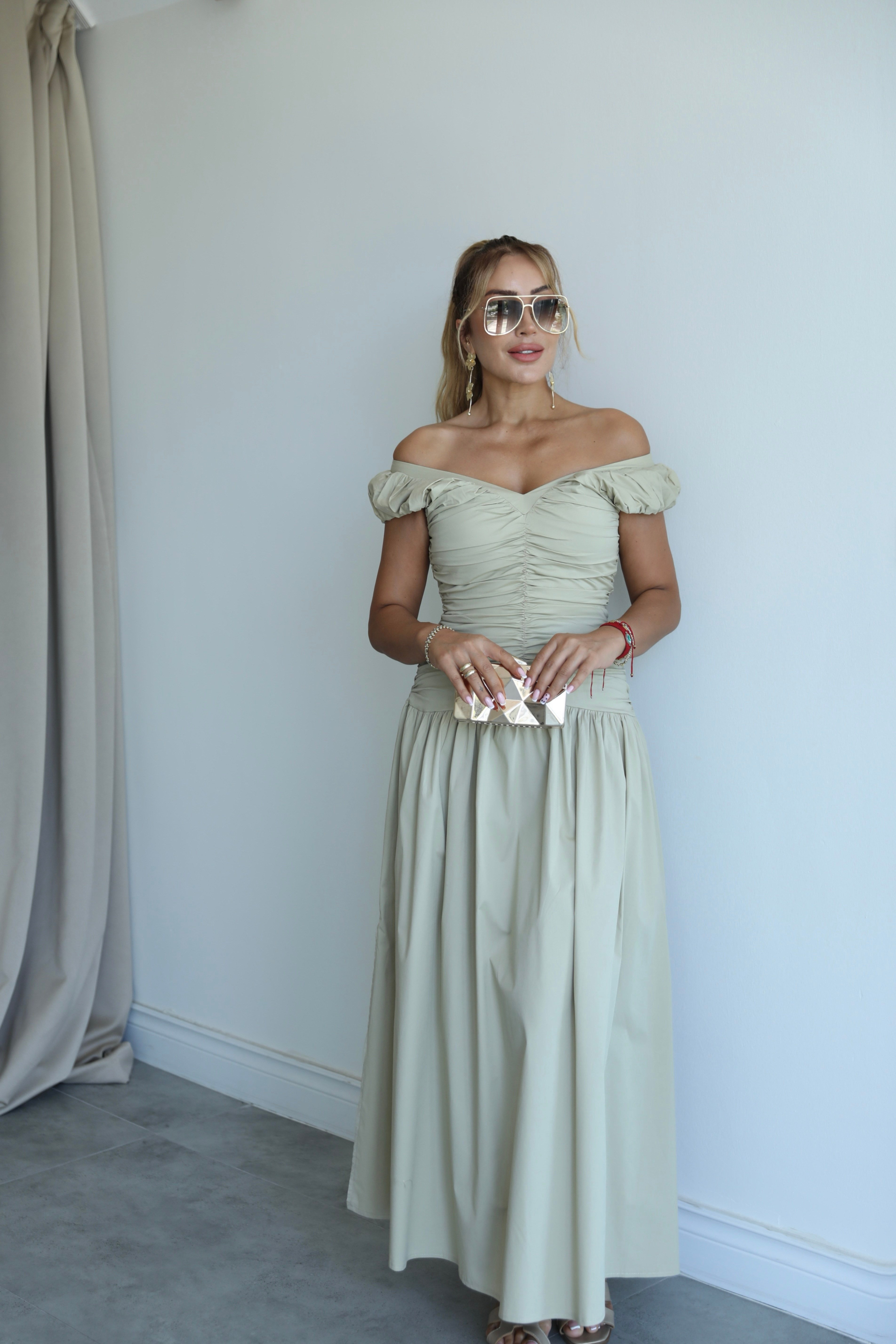 Haki Fit & Flare V Yaka Midi Elbise
