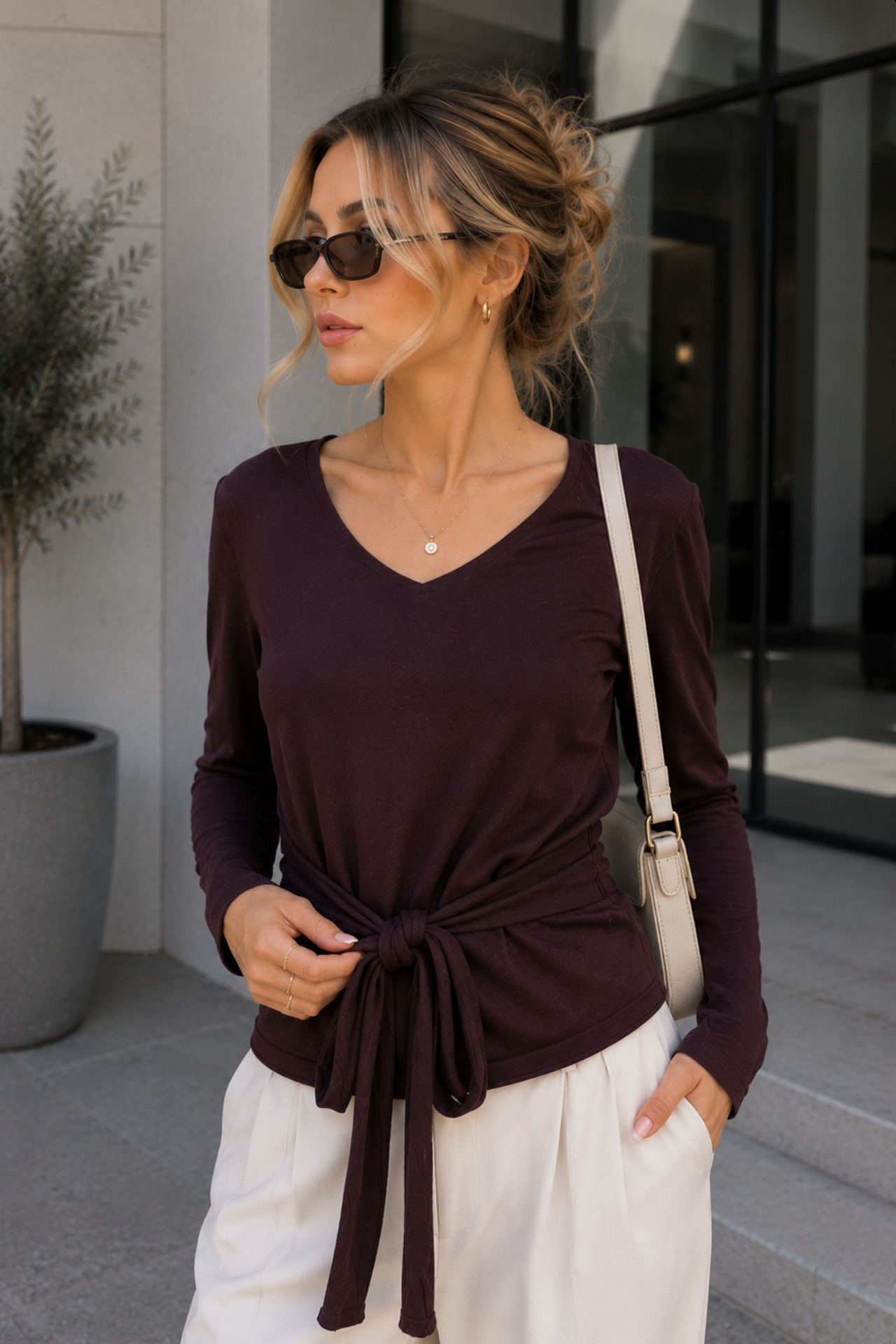 Bordo Bluz V Yakalı Ve Uzun Kollu