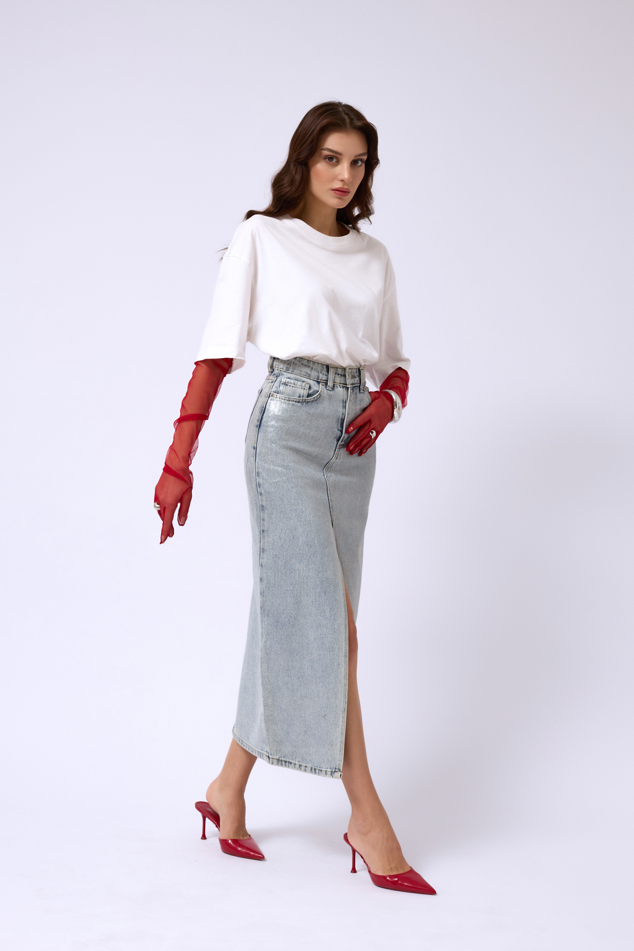 Varak Baskılı Yırtmaçlı Maxi Denim Etek - Mavi