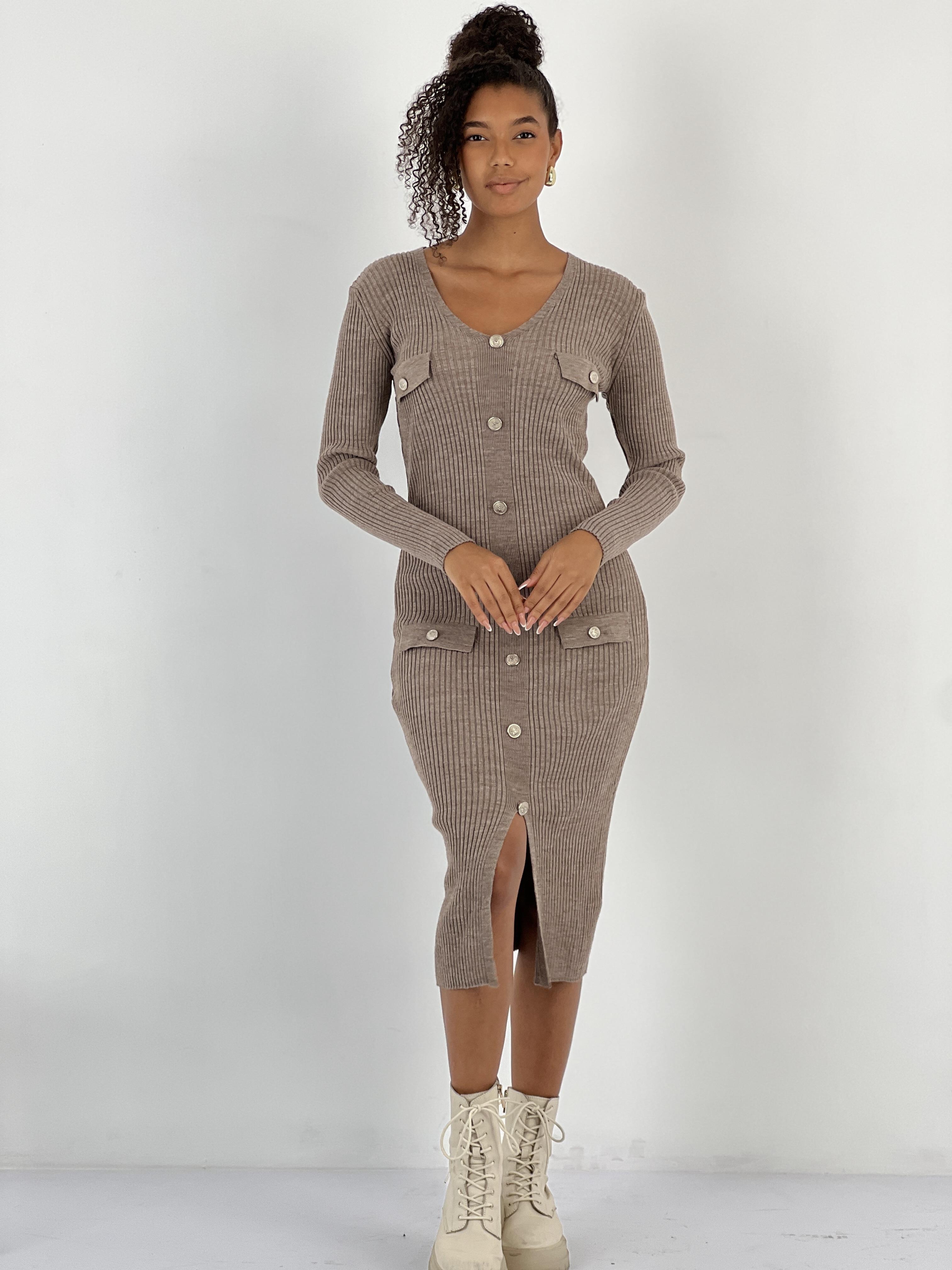 Kahverengi V Yaka Uzun Kollu Bodycon Midi Elbise