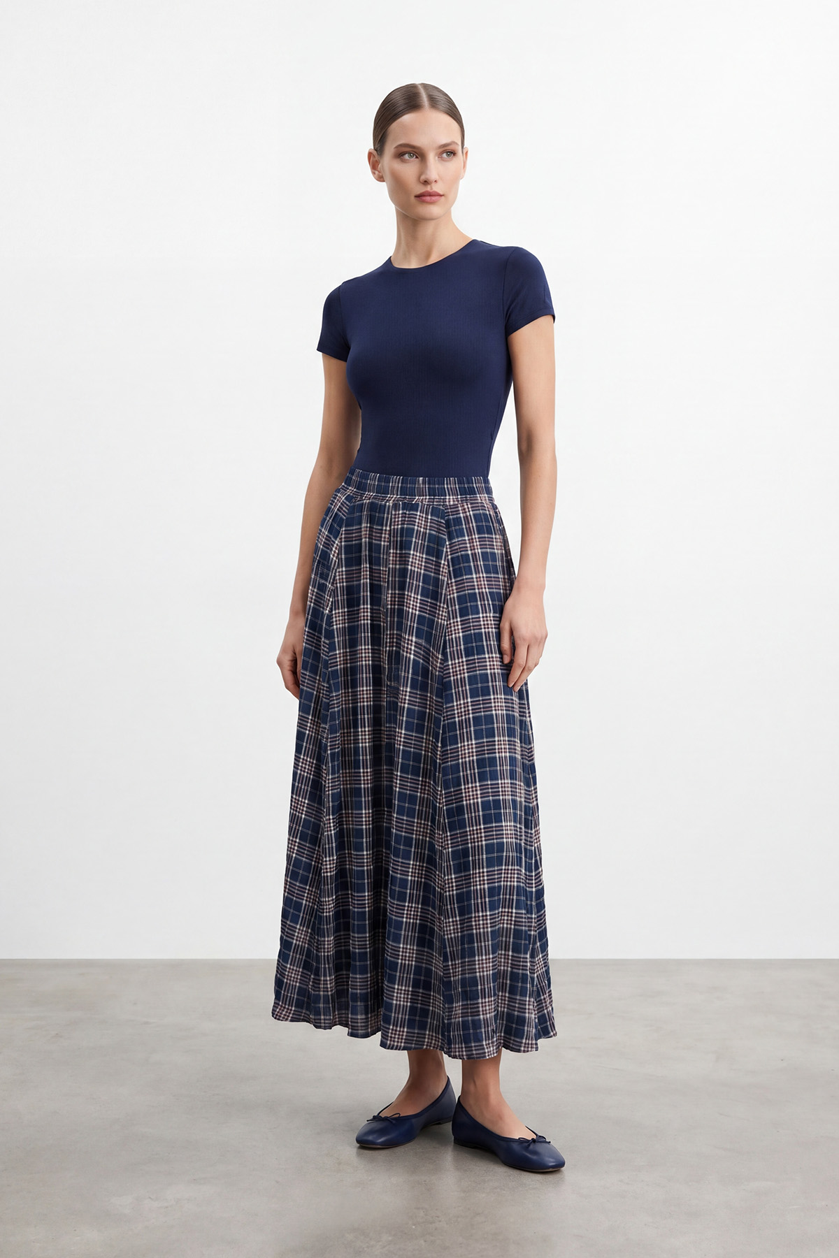 Lacivert Ekose Flared Maxi Etek