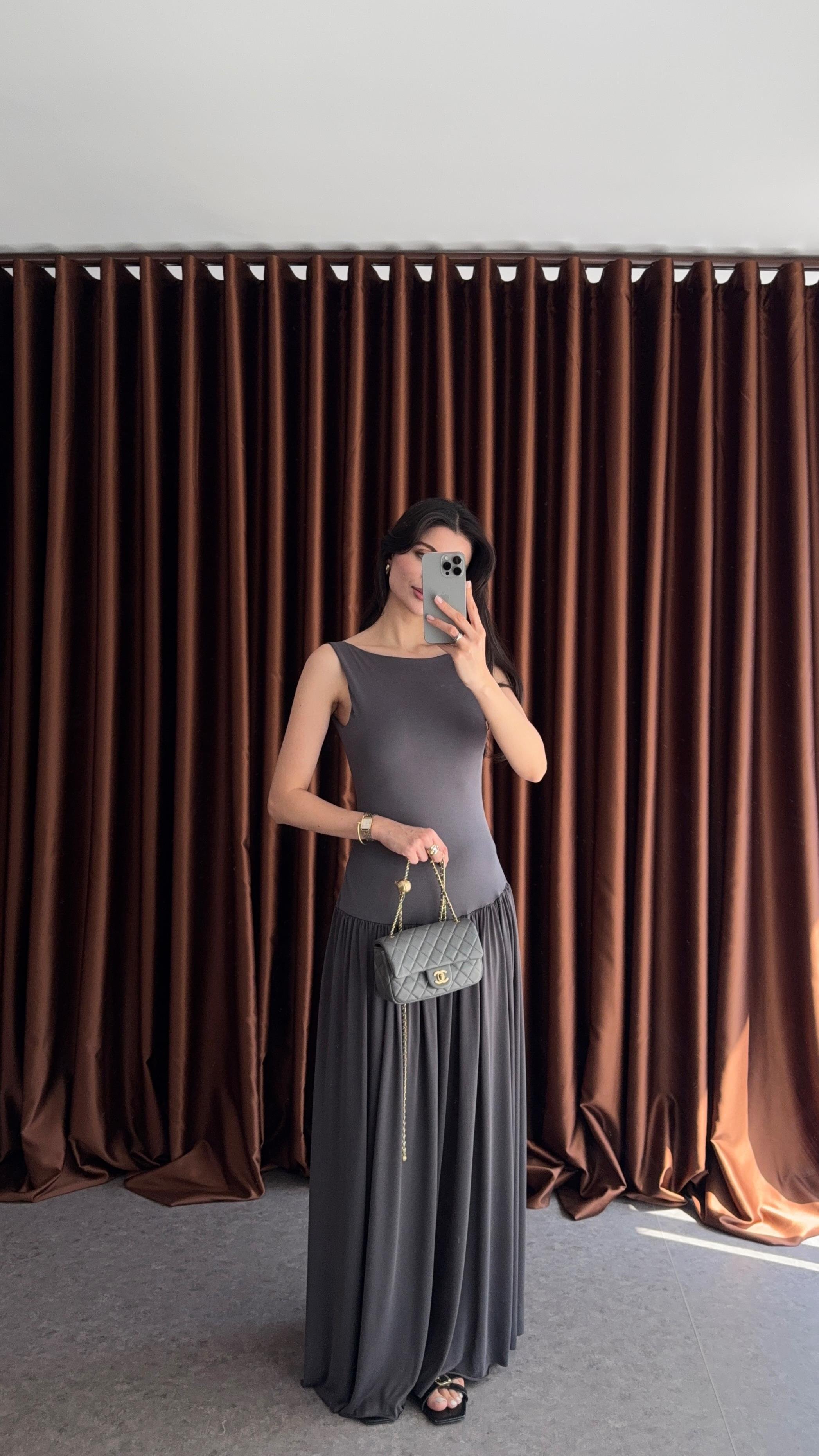 Gri Zarif Fit & Flare Elbise