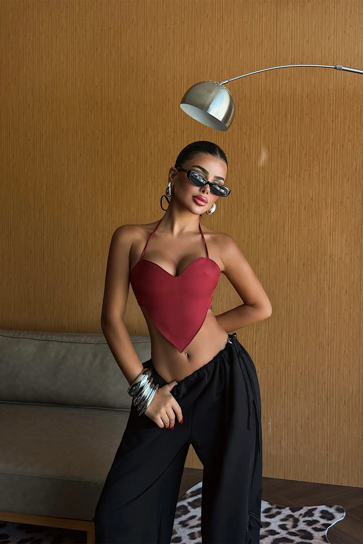 Bordo Crop Top Kalp Yaka Ve Japone Kol
