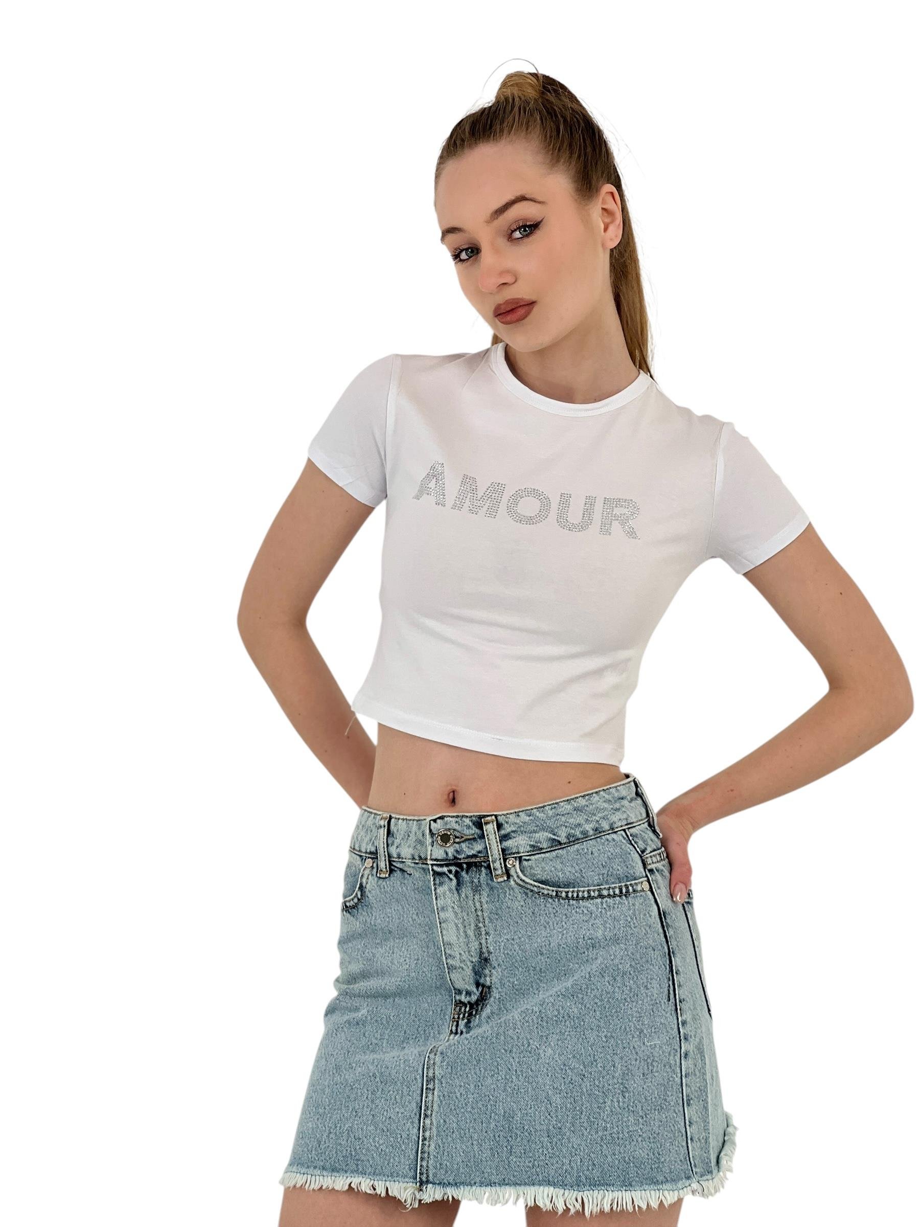 Taşlı Kısa Kollu Yazlık Beyaz Crop Tişört