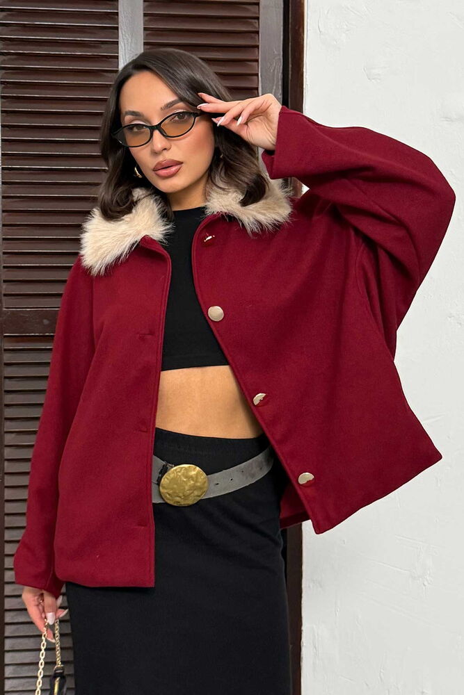 Bordo Retro Zarif Işıltılı Kaban