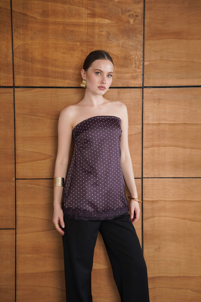 Bordo Straplez Puantiye Bluz
