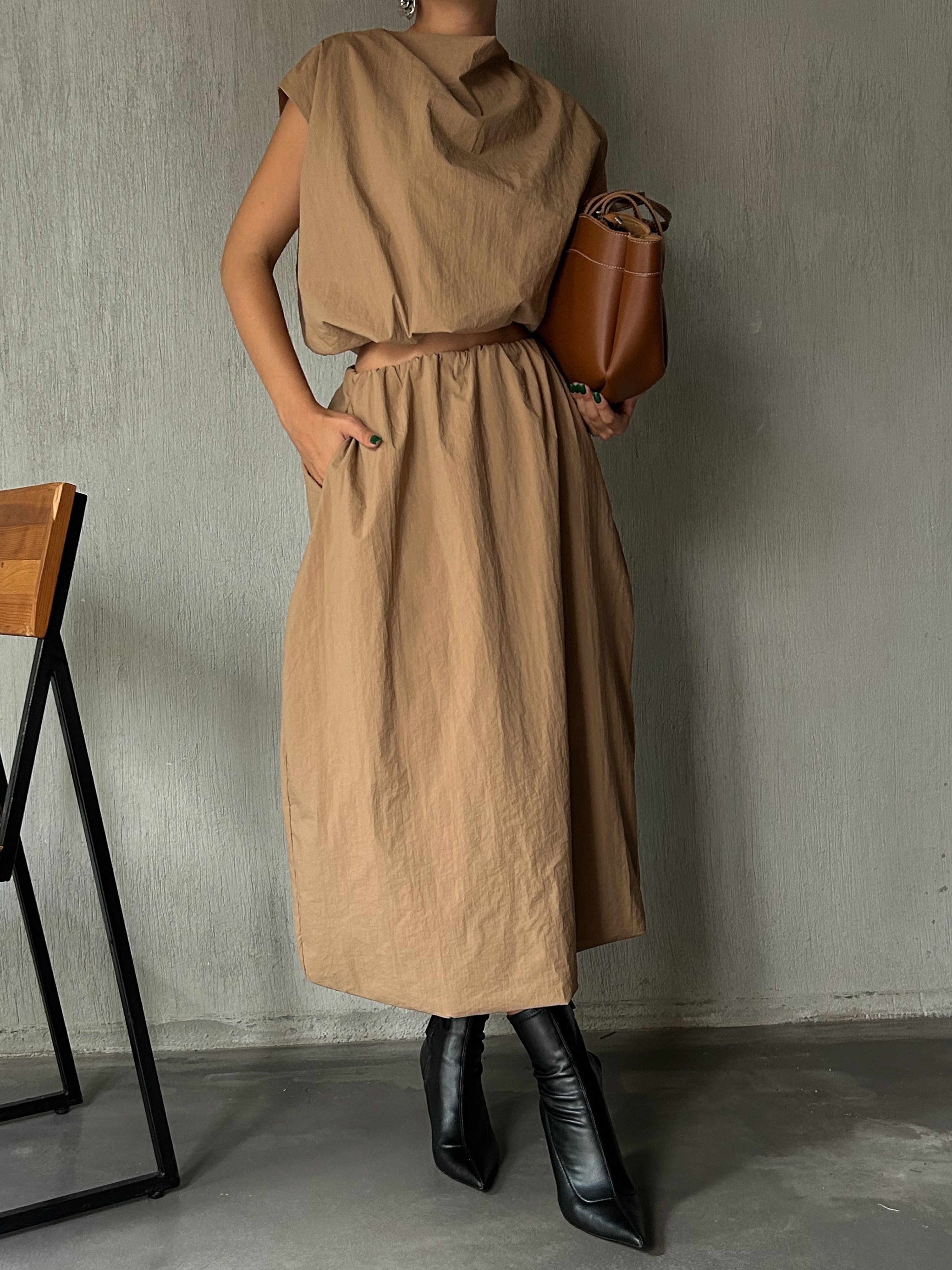Camel Beli Lastikli Astarlı Paraşüt Kumaş Balon Etek 28068