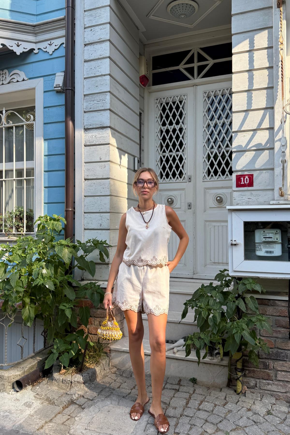 Bej Gündelik Boho Bluz Japon Kol