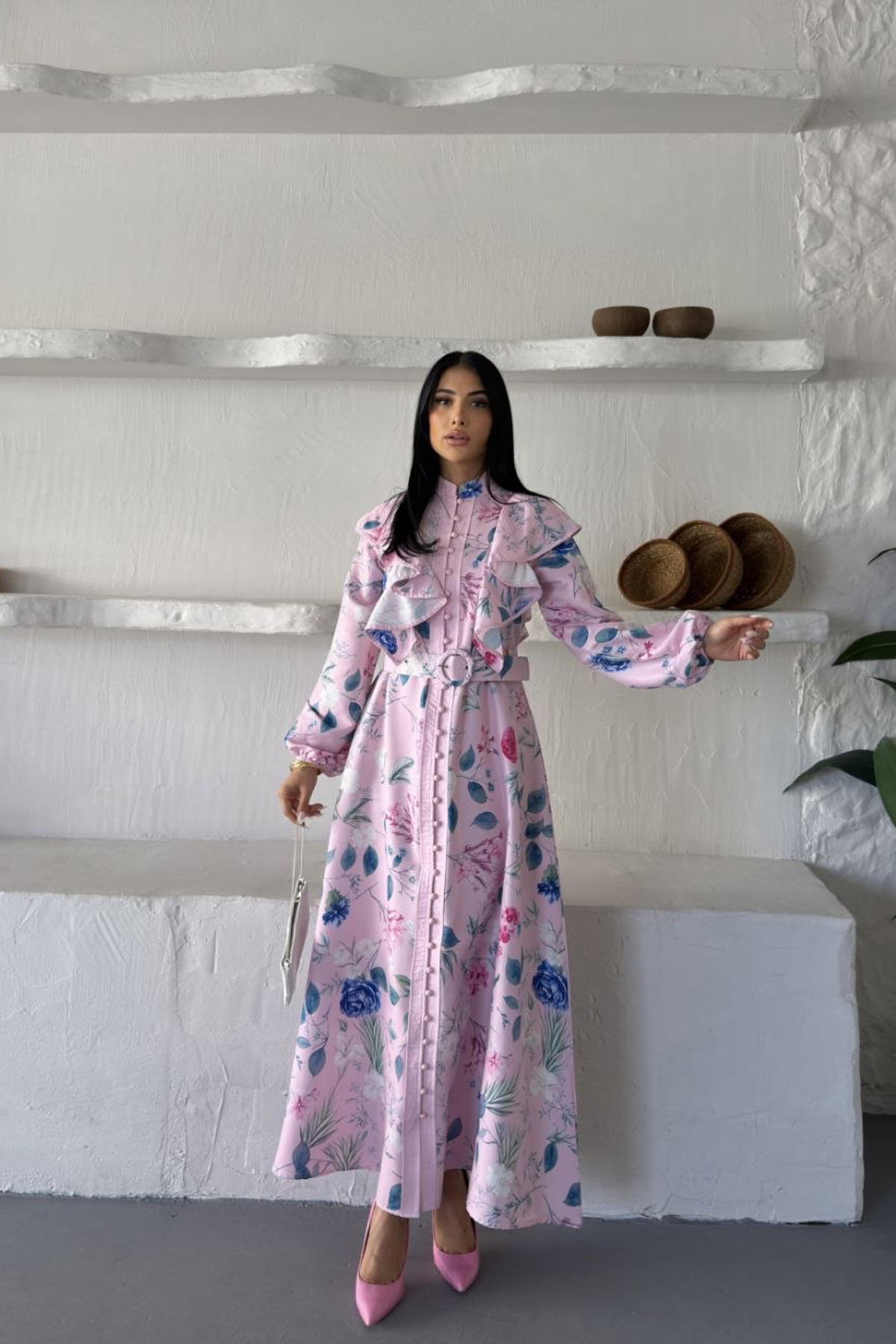 Pembe Fit And Flare Çiçekli Elbise