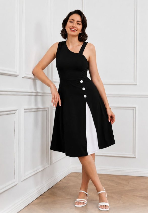 Yuvarlak Yaka Siyah Fit & Flare Elbise