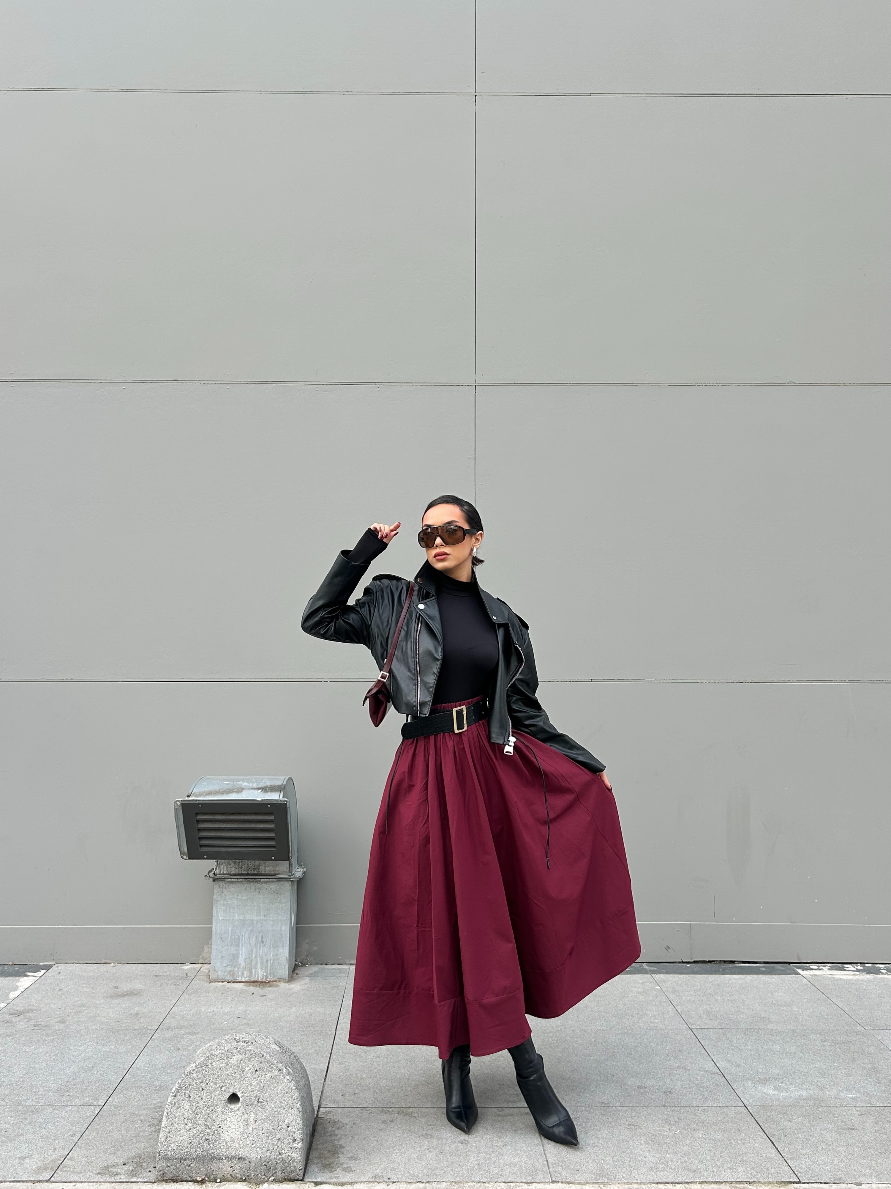 Bordo Poplin Beli Lastikli Uzun Etek 27321