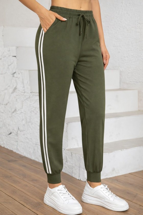 Yeşil Jogger Pantolon İpli Ve Çizgili Desenli