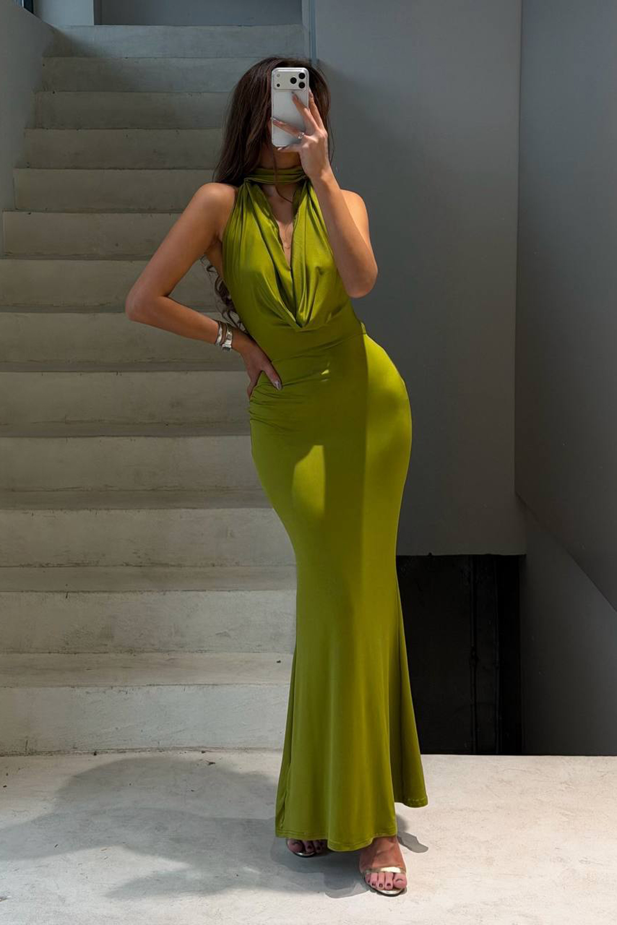 Seksi Zarif Yeşil Bodycon Yer Hizasında Elbise Japone Kol