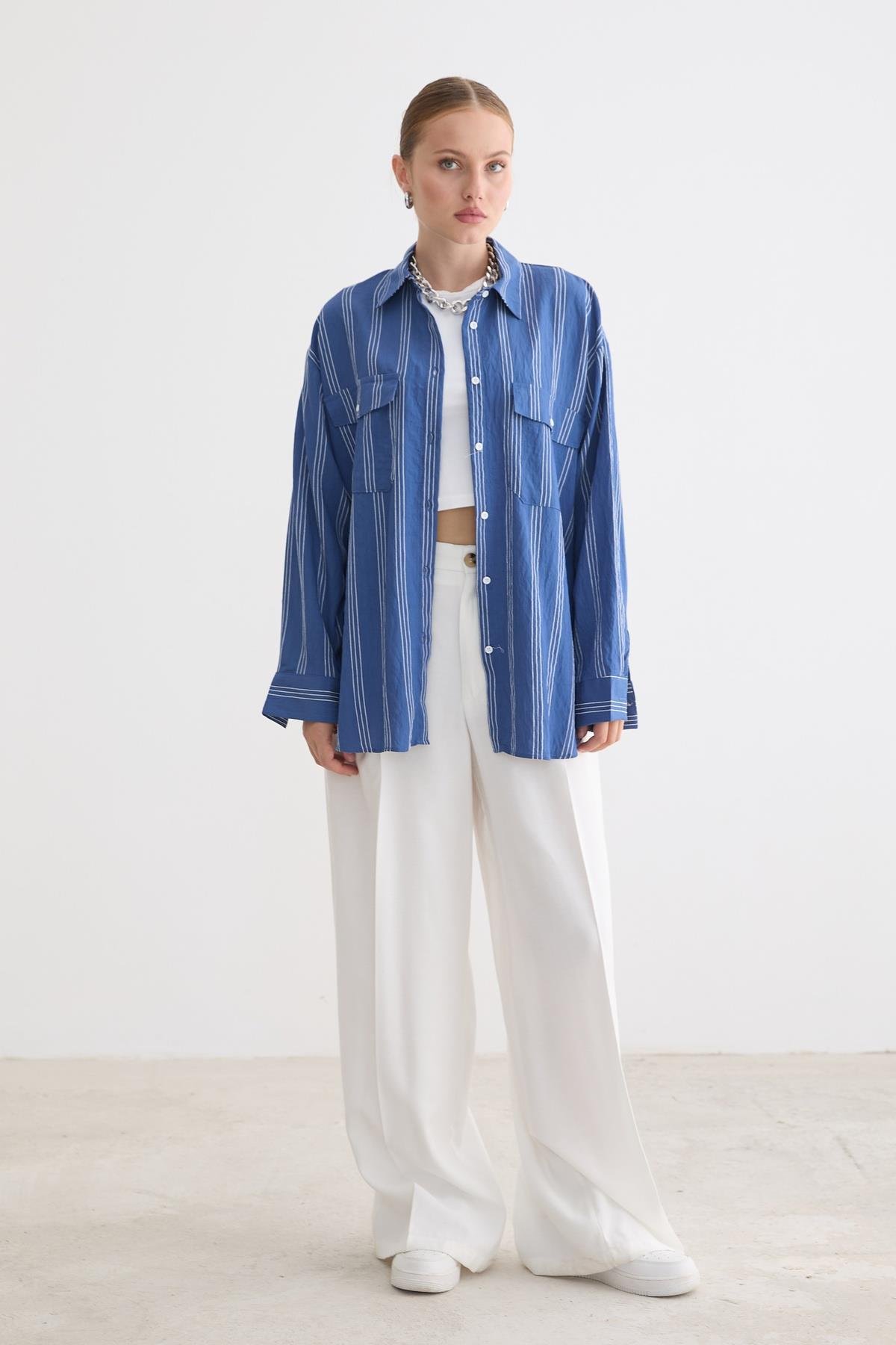 Mavi Oversize Günlük Çizgili Gömlek
