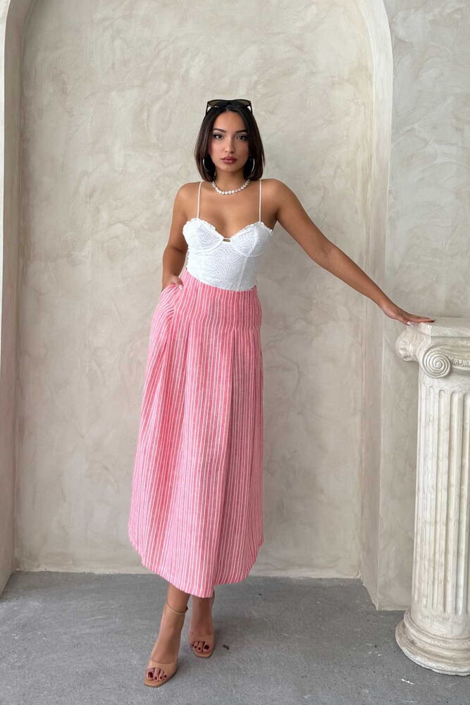 Çizgili Keten Etek - Pembe