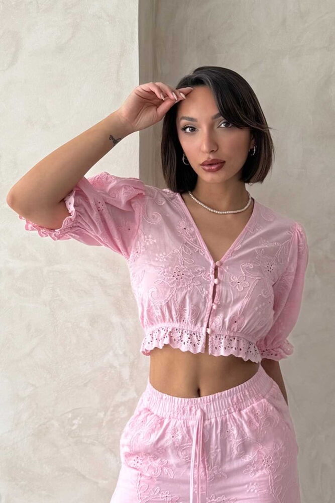 Fisto Detaylı Nakışlı Bluz - Pembe