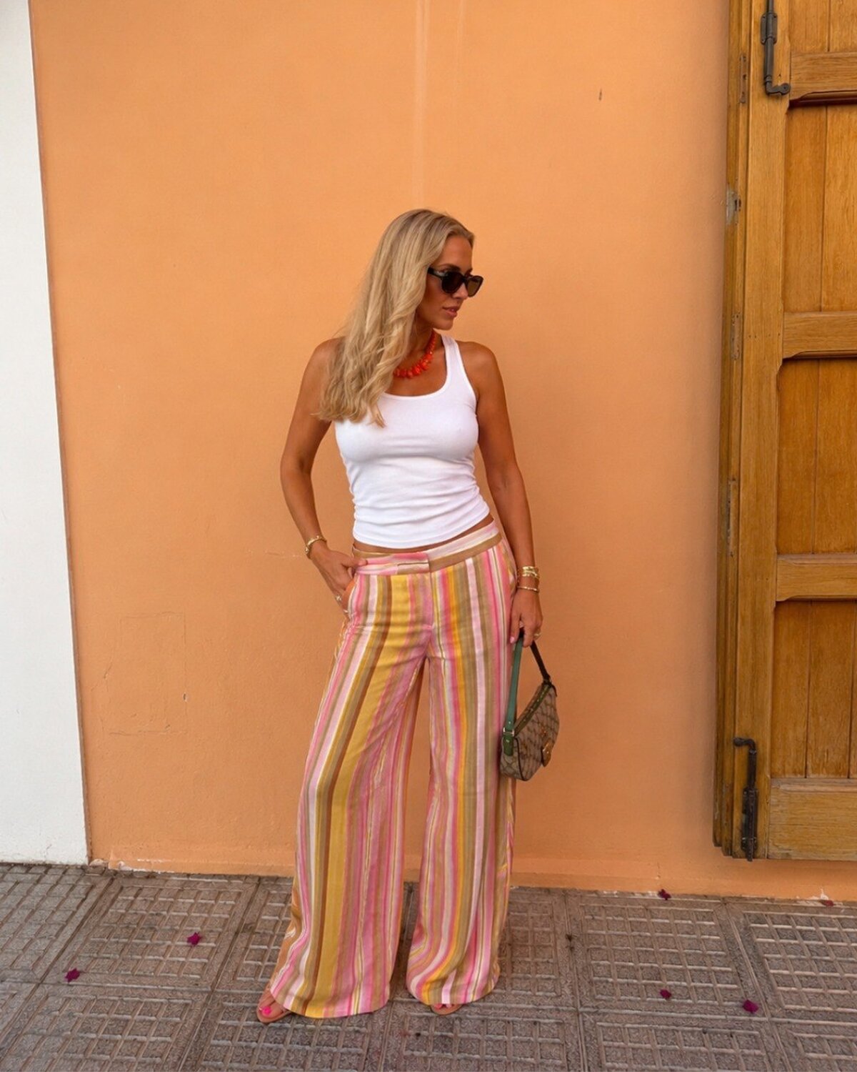 Pembe Çizgili Geniş Paça Palazzo Pantolon
