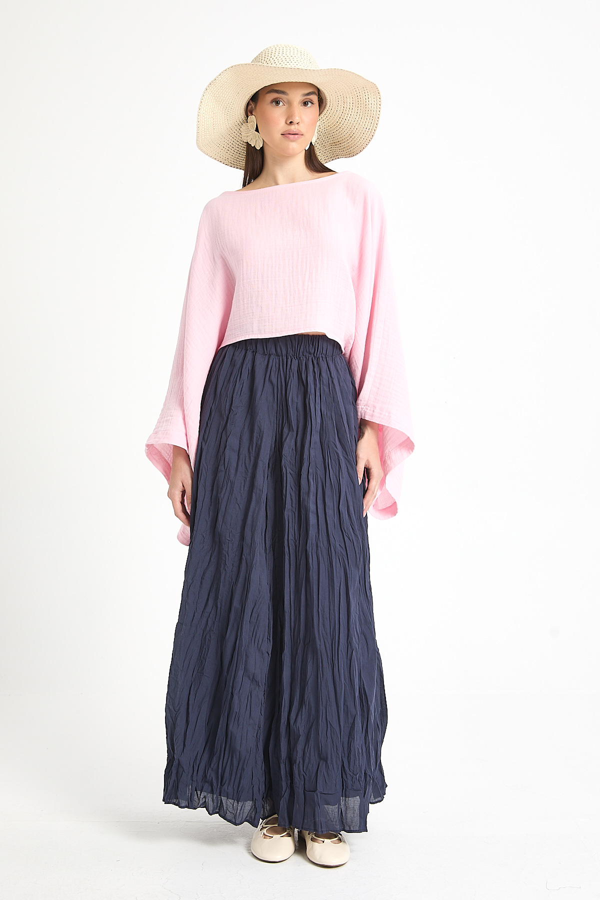 Lacivert Pileli Maksi Etek - Boho Şık Stil