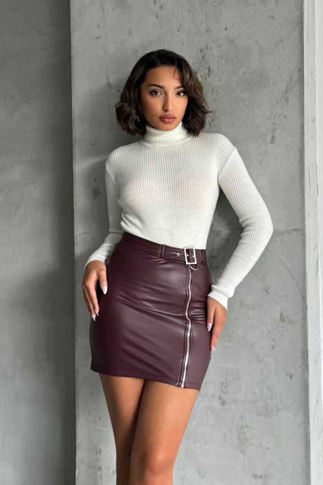 Bordo F0125  Fermuarlı Deri Etek