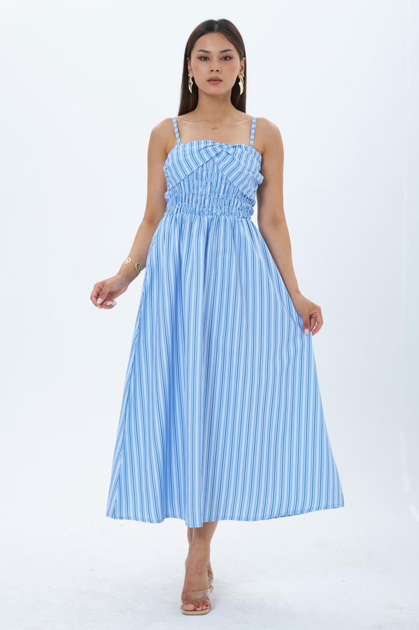 Mavi Çizgili Desenli Fit & Flare Midi Elbise