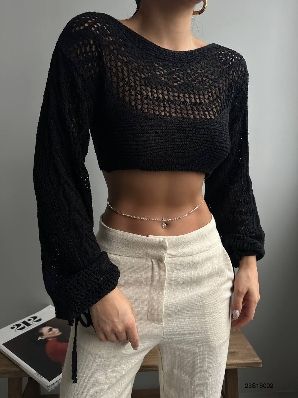 Crop Triko Bluz - Siyah