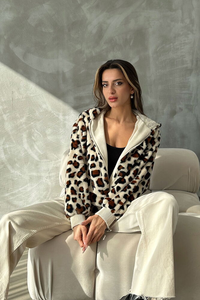 Leopar Bakılı Pelüş Mont - Açık Taş