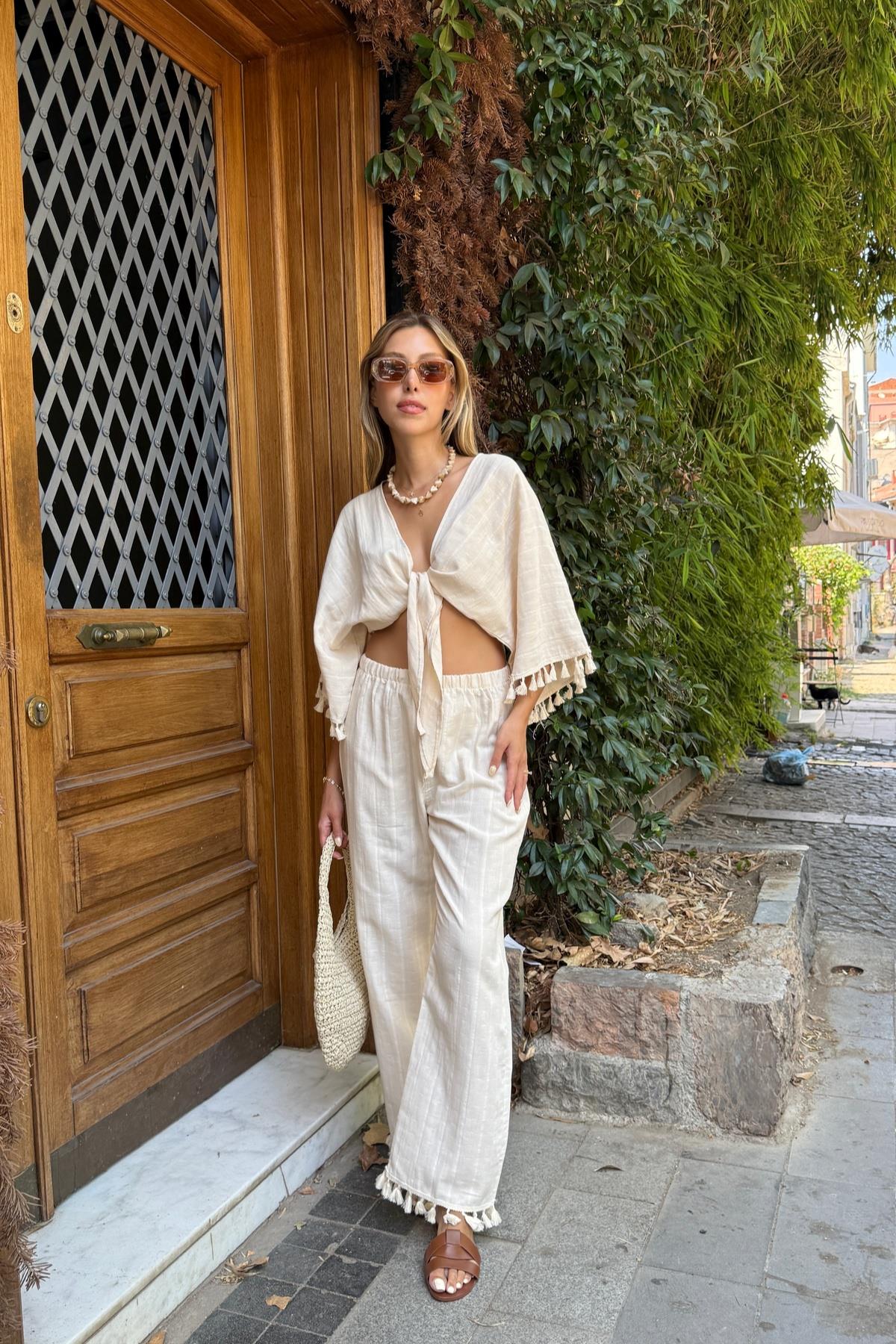 Bej Gündelik Boho Etnik Palazzo Pantolon