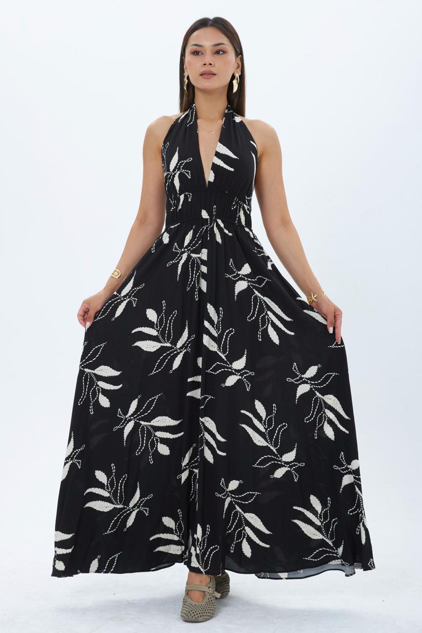 Siyah Fit And Flare Çiçek Desenli Elbise