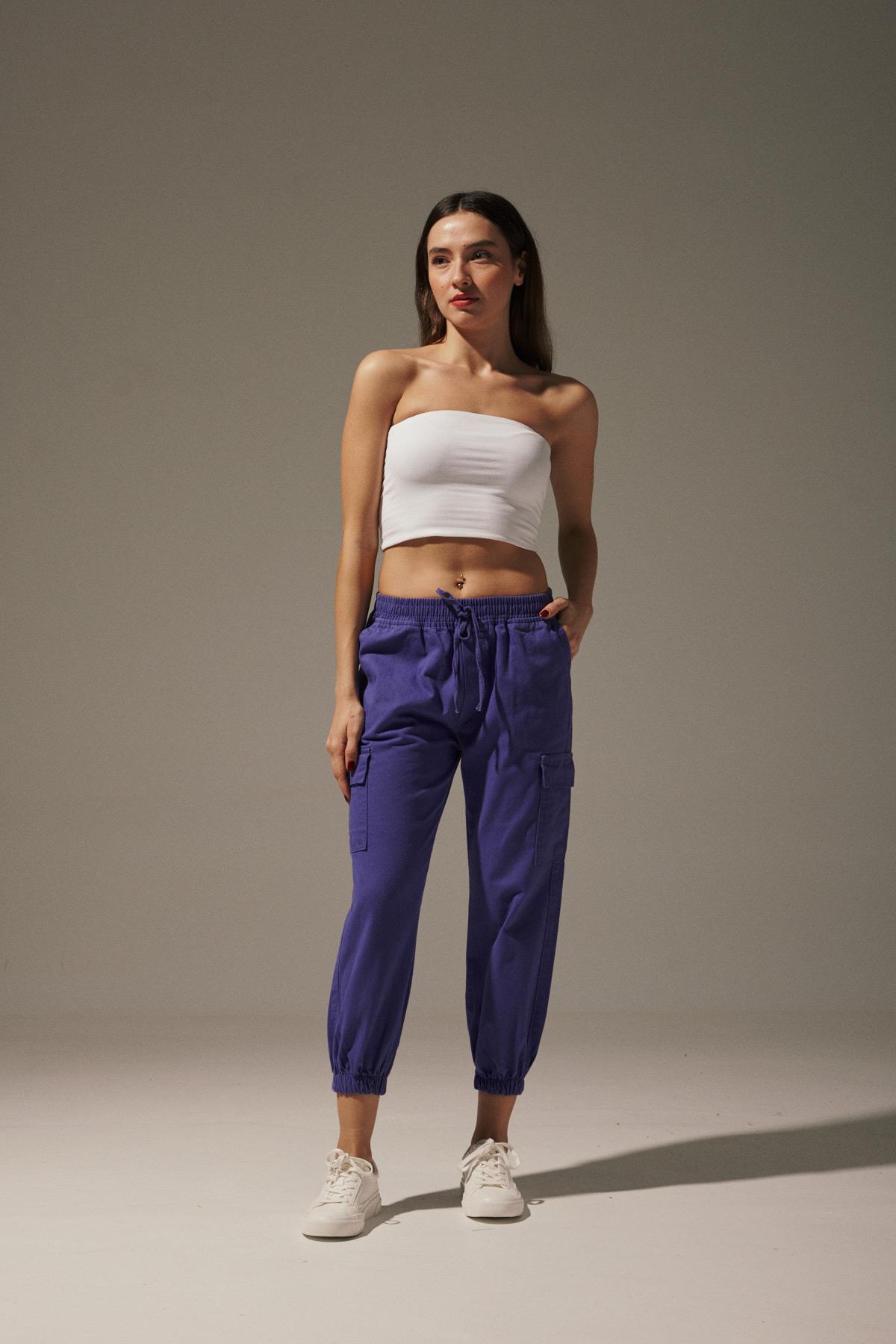Gabardin Beli Lastik Kadın Pantalon - Lila