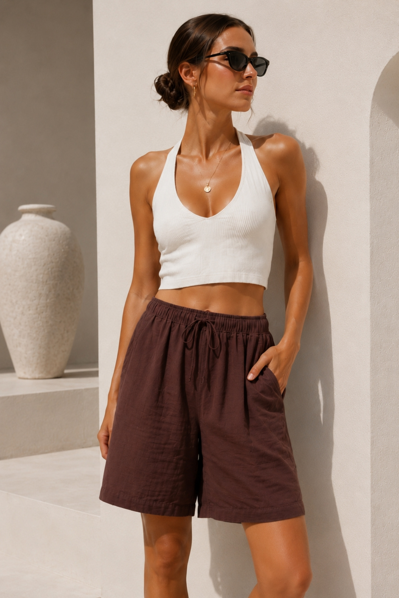 Kahverengi Gündelik Boho Bermuda Şort