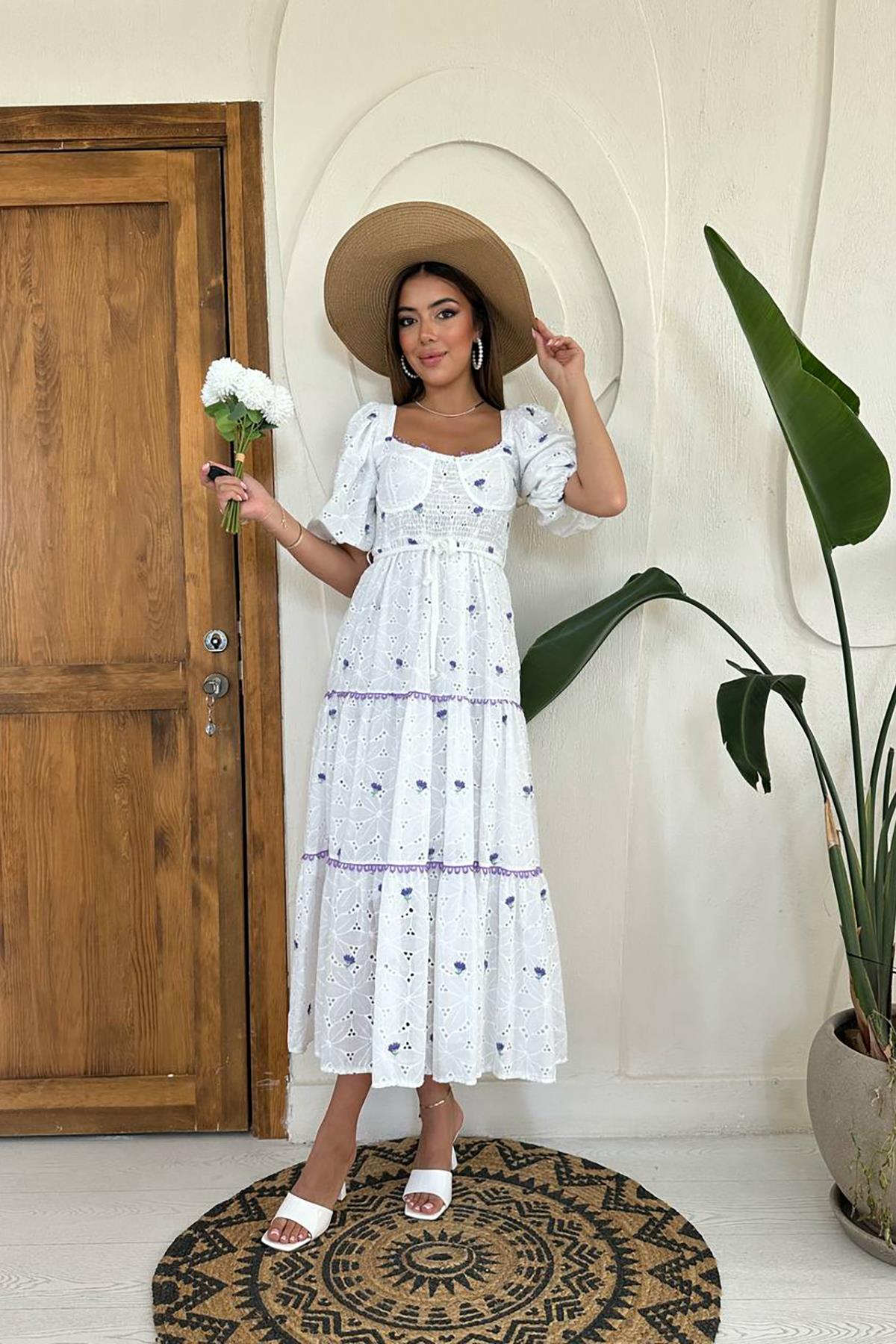 Beyaz Boho A Kesim Elbise Fırfırlı Kollarla