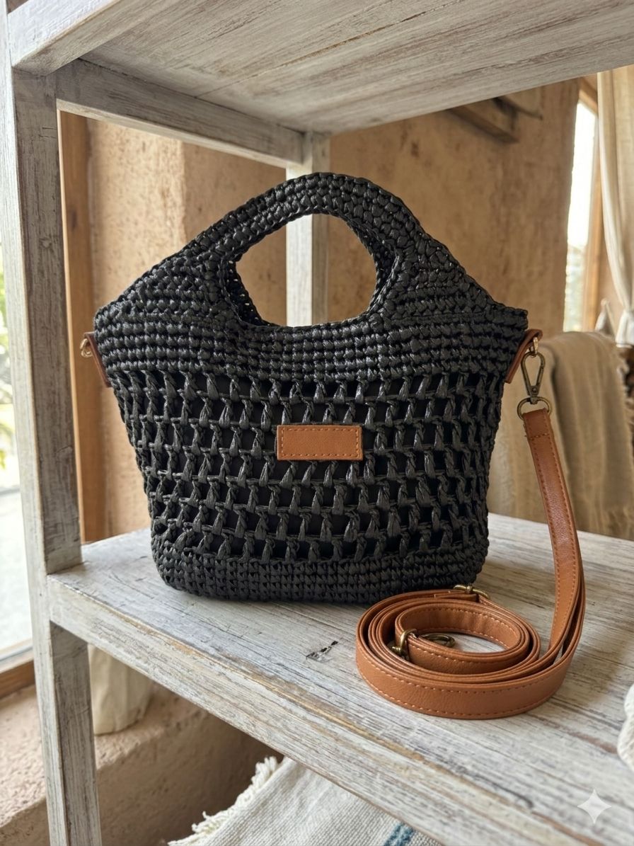 Çıtçıtlı Hasır Çanta 30x26x7 Cm - Siyah