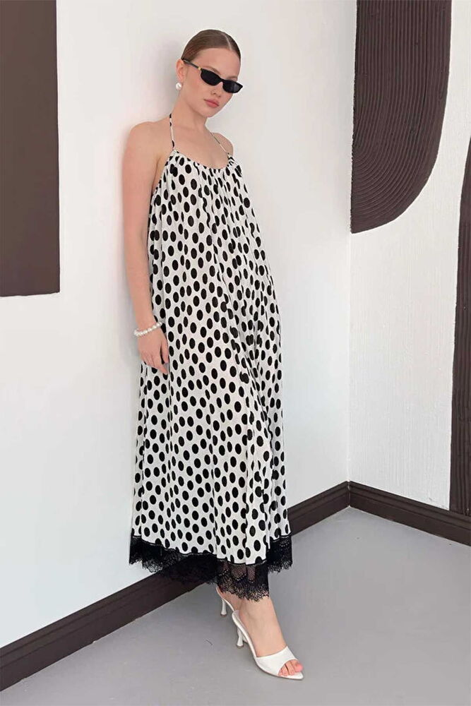 Siyah Puantiyeli Midi Slip Elbise  Halter Yaka