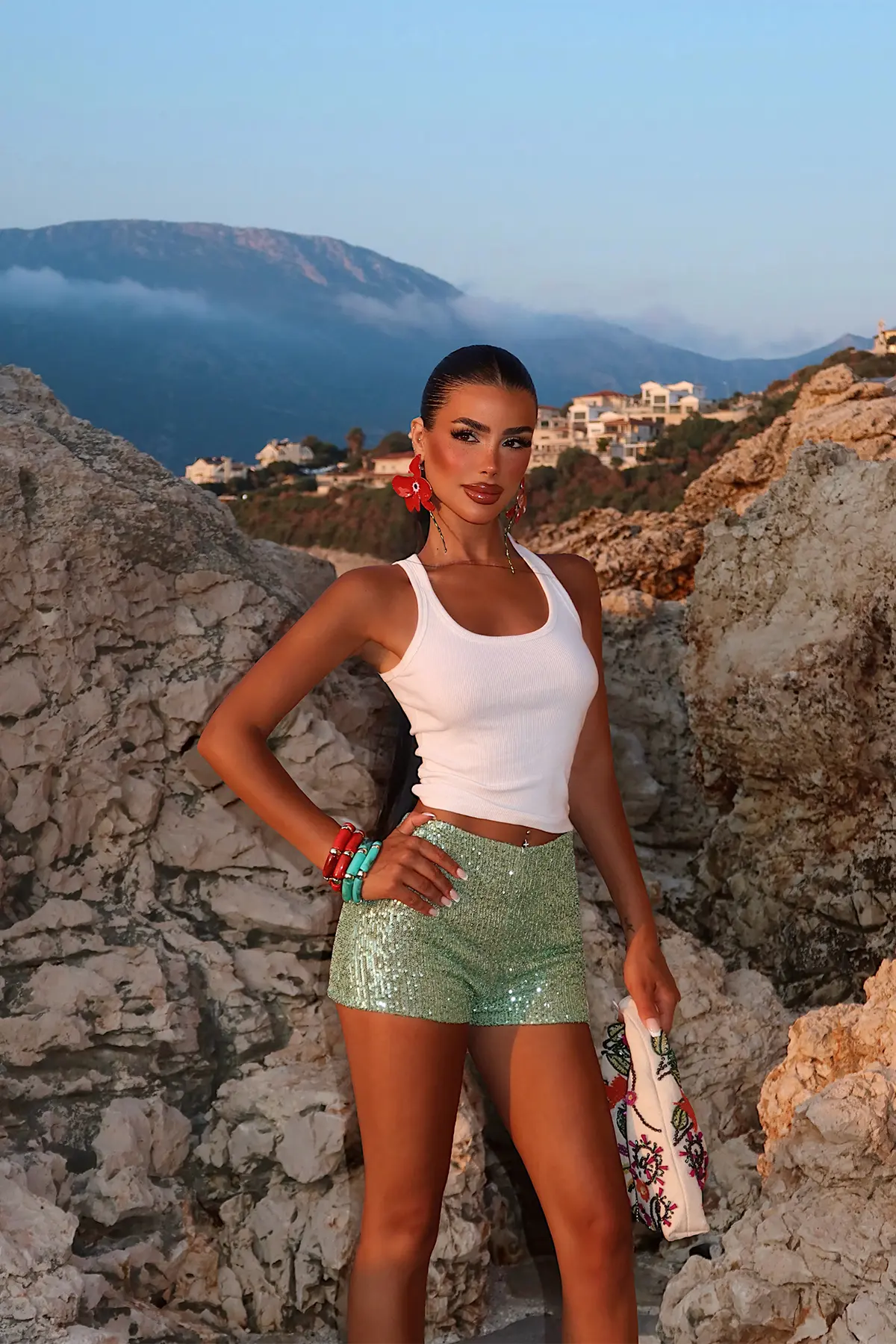 Yeşil Payetli Glam Bermuda Şort