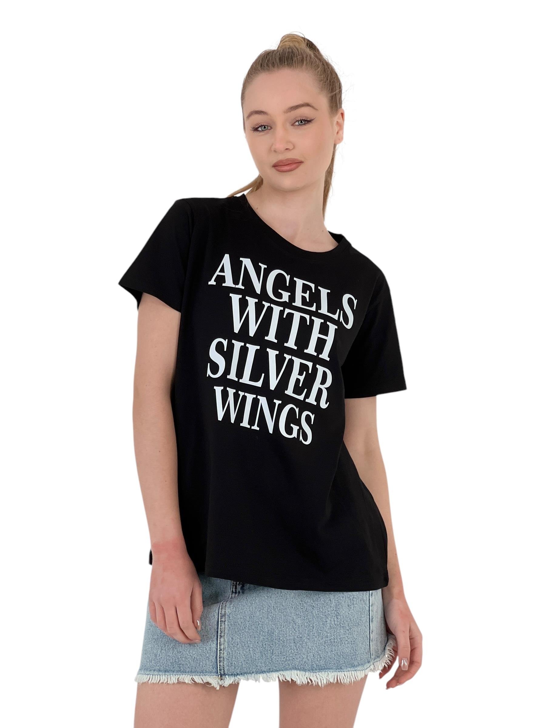 With Silver Wings Baskılı Siyah T-shirt