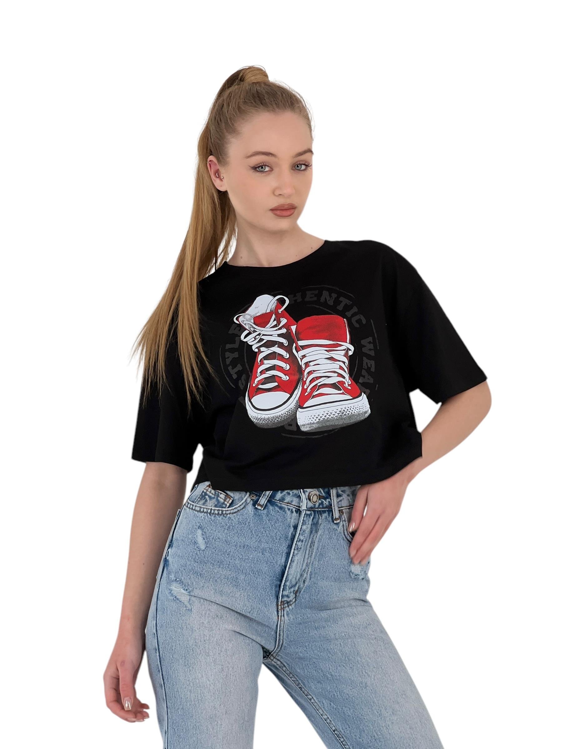 Oversize Baskılı Kısa Kol Beyaz Crop Tişört