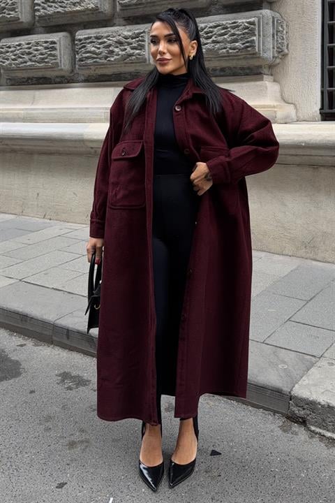 Bordo Tek Düğmeli Oversized Kaban