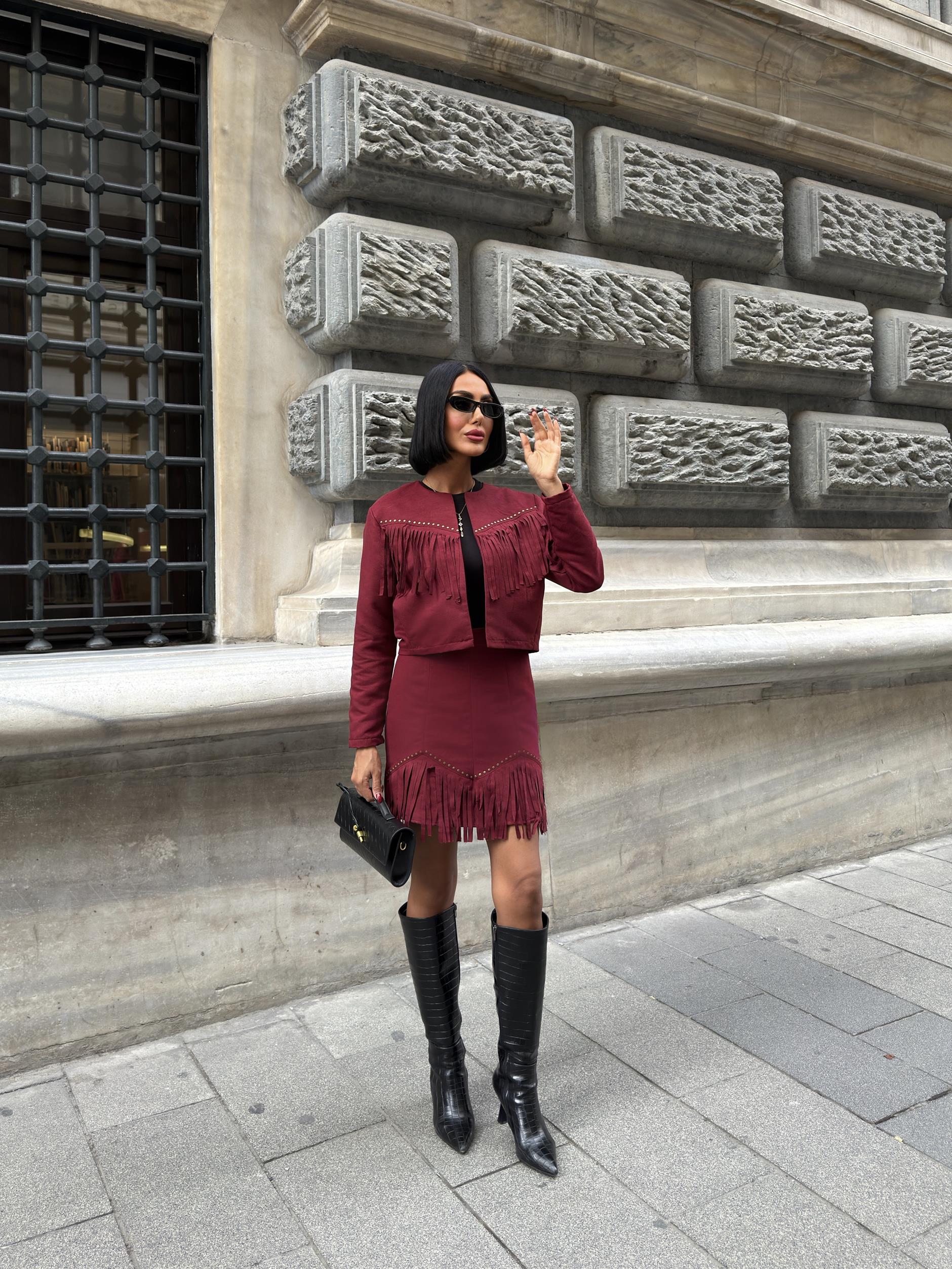 Bordo Bodycon Mini Etek Yüksek Bel