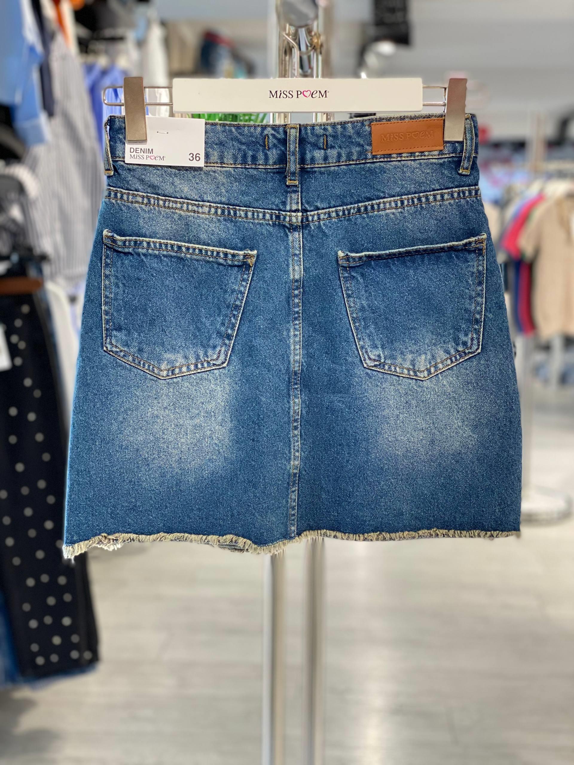 Mavi A Kesim Mini Etek Düğmeli Kapanış