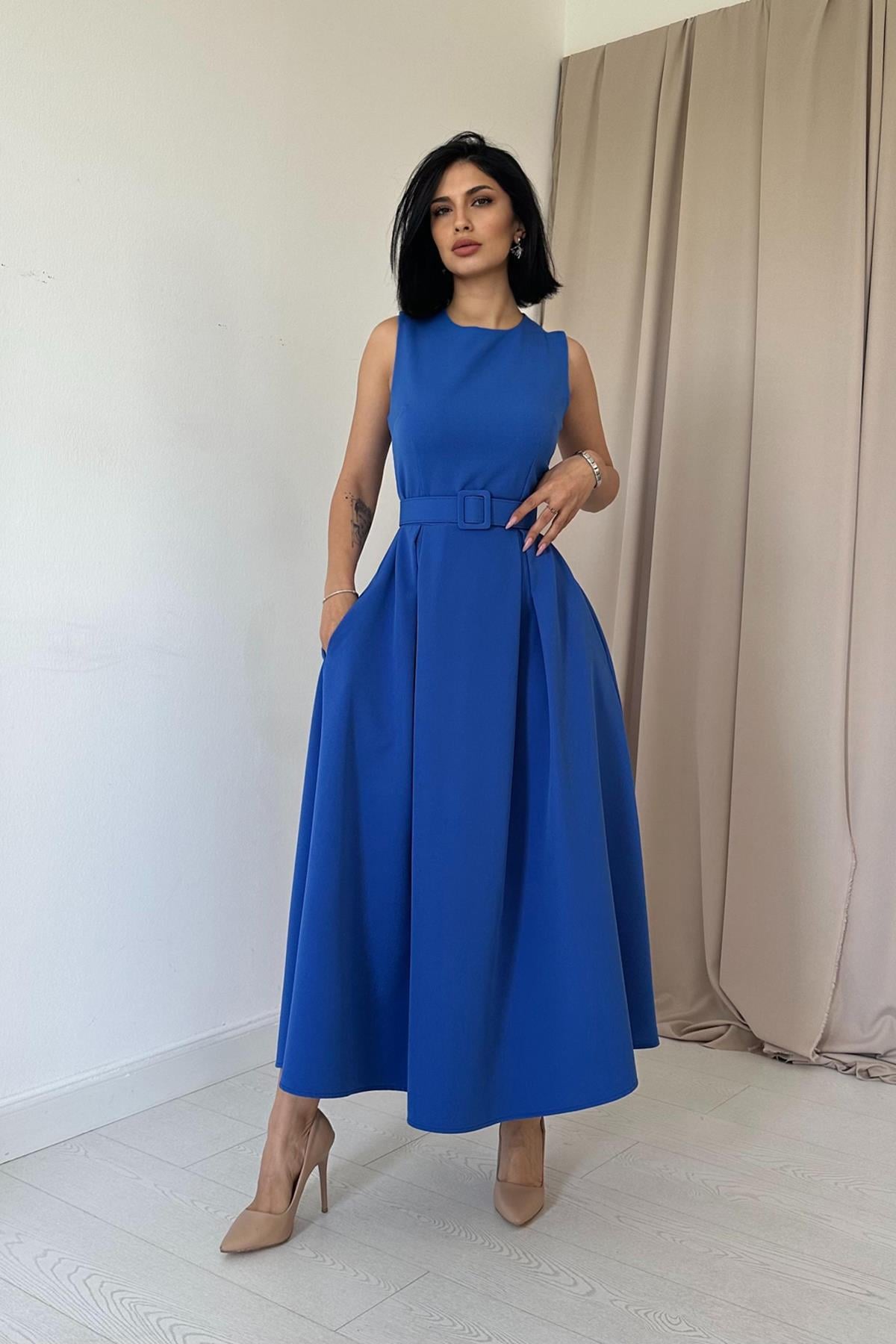 Halter Yaka Kloş Elbise - Saks