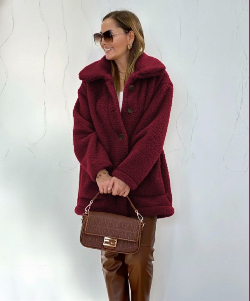 Bordo Peluş Kaban Klasik Yakalı